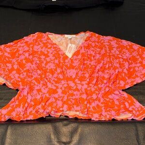 Bunulu Orange and Pink Floral Blouse, size XL